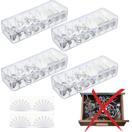 4-Pack Clear Cable Management Boxes with 40 Silicone Ties - Durable Cord Organizer Storage Solution for Desk Accessories Electronics Cosmetics Jewelry - Versatile Home & Office Organization Kit